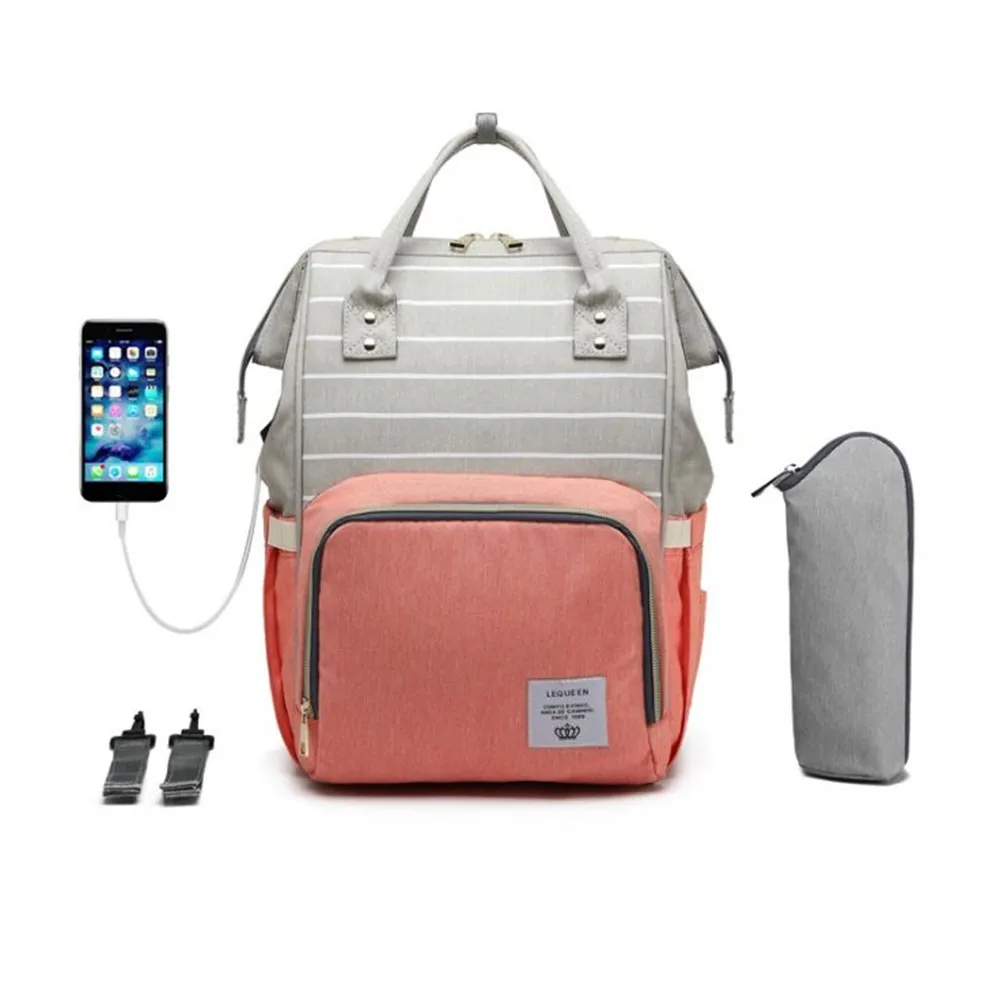 

LEQUEEN Upgrade USB Mummy Bag Nipple Bottle And Straps Set Diaper Bag Stroller Stripe Large Capacity Mom Daddy Backpacks Nursing