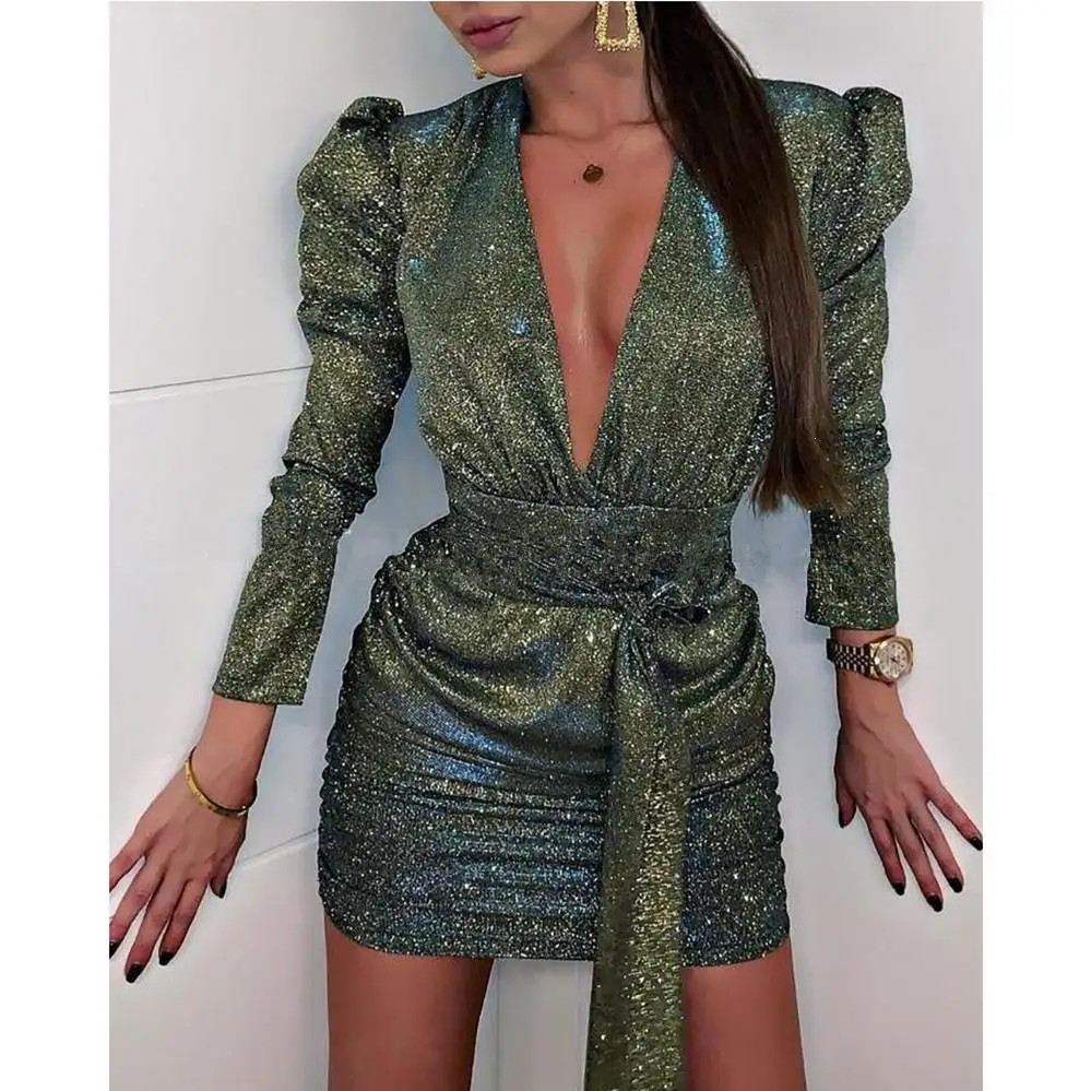 Женское сексуальное блестящее платье с глубоким v-образным вырезом облегающее