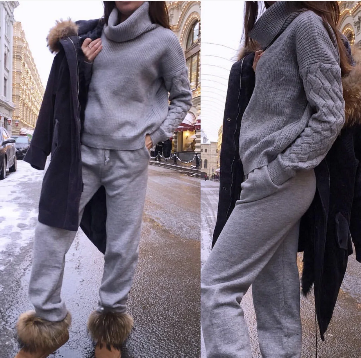 Комплект из 2 предметов женские осенне-зимние пуловеры с высоким воротом+ свободные однотонные брюки с высокой талией женские модные теплые спортивные трикотажные наборы