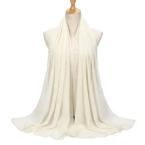 Beige White Мусульманский хиджаб шарф горячий бриллиант фарфор оголовье Жемчуг шифон хиджаб обертывание однотонный платок шарф Рамадан праздничный шарф 12 col - Цвет: Beige White