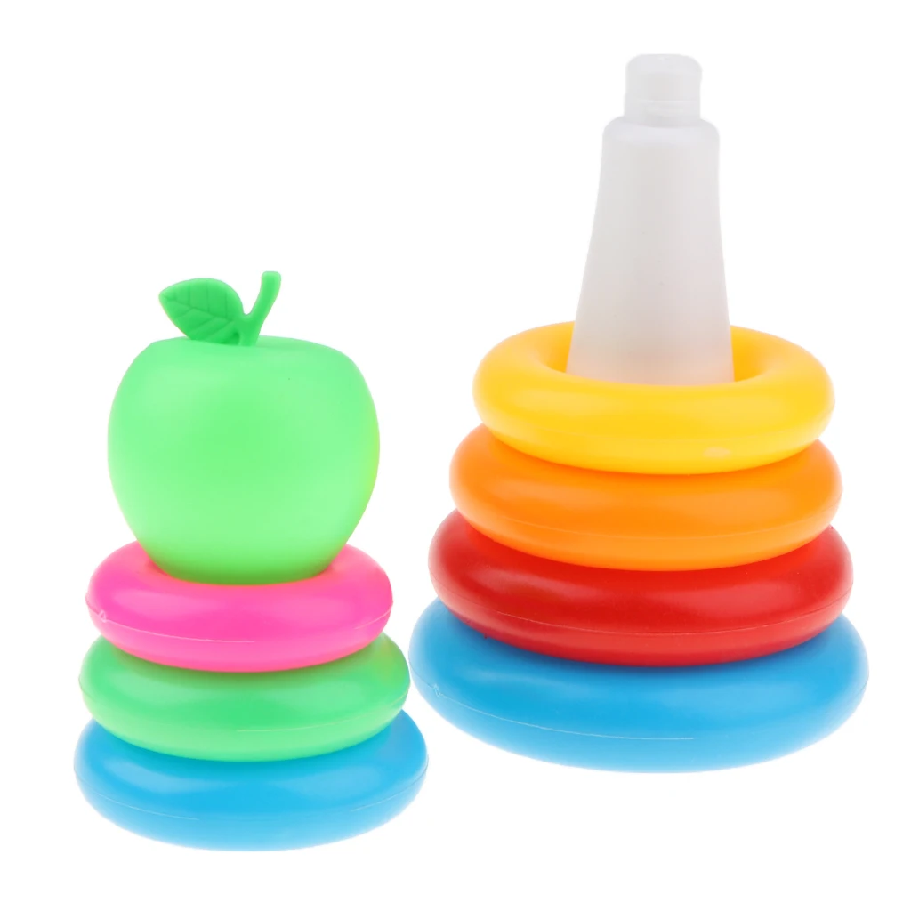 Kids Toddler Early Educational Toy Green Apple with 9 Plastic Rainbow Color Stacking Rings Tower Toy, Bath Tub Play Toy Gift