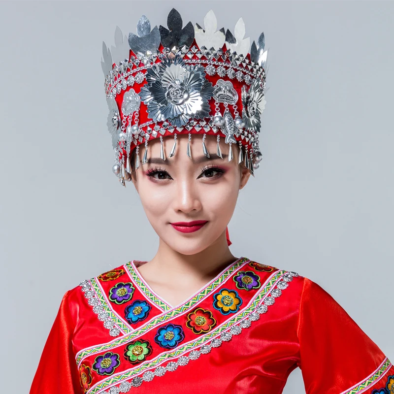 Головной убор Miao для взрослых hmong, серебряная шляпа, костюм для китайского традиционного танца, аксессуары, головной убор для танцев miao - Цвет: Red