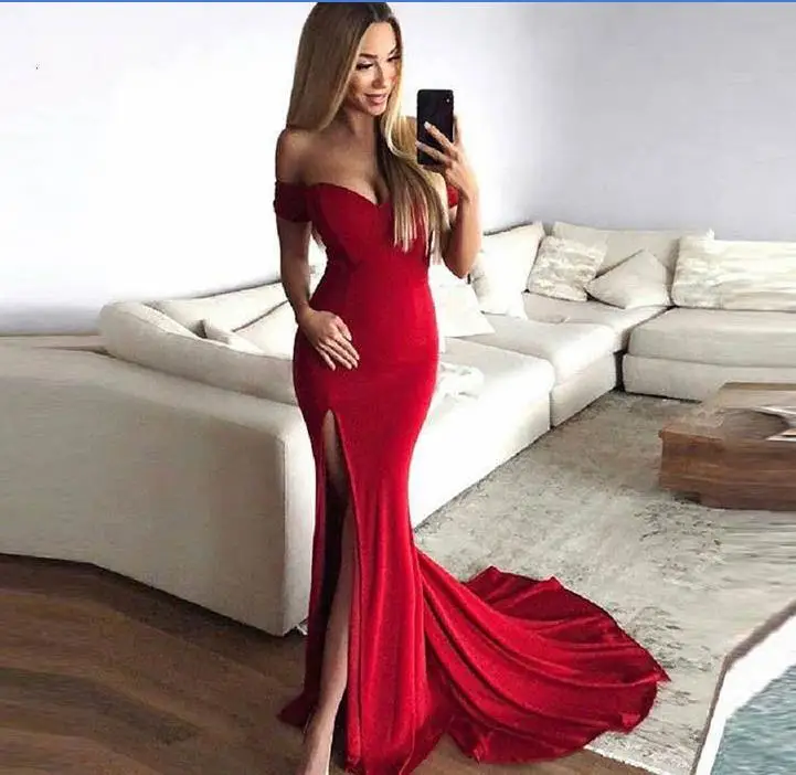 

Graceful Red Evening Dresses Off The Shoulder Long Formal evening Dress 2019 High Quality Sexy Split Slit Special Occasion Gown