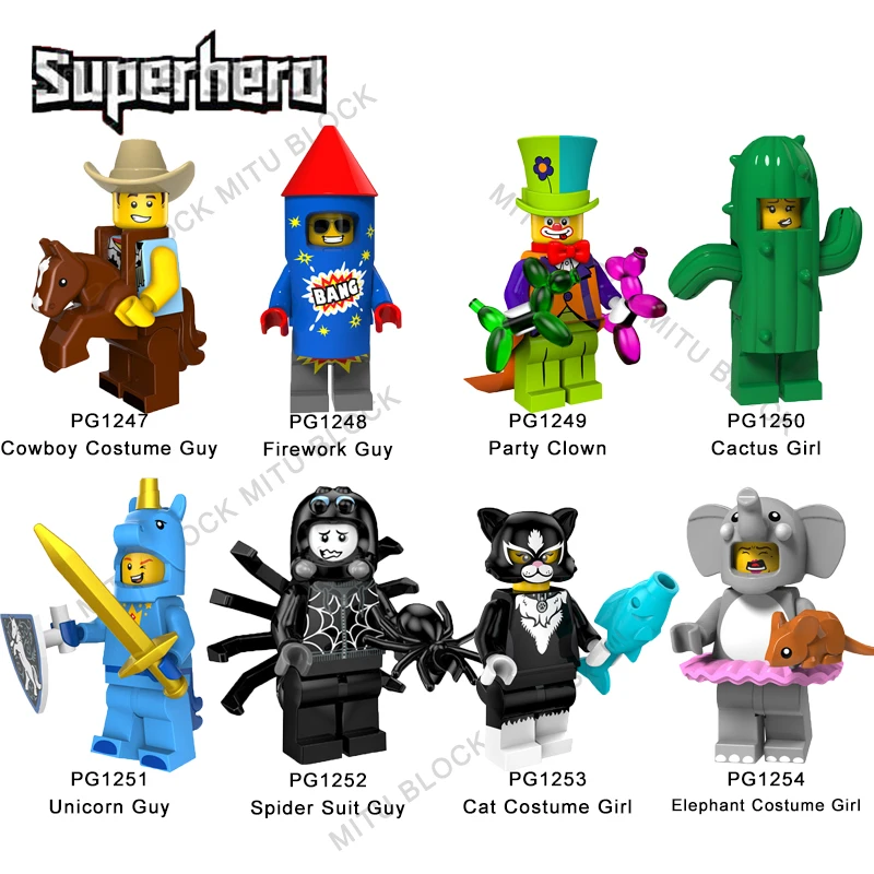 

Single Sale Super Heroes Cowboy Costume Guy Firework Guy Unicorn Guy Spider Suit Guy Cat Elephant Costume Girl Building Block