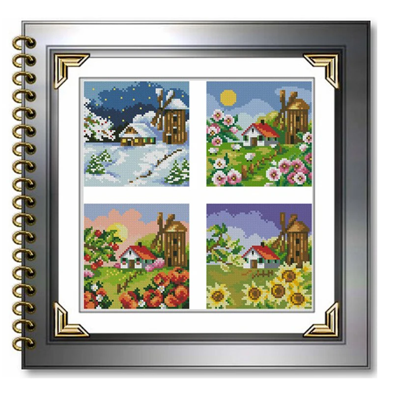 landscape scenery four Seasons spring summer autumn winter Country house village C3606