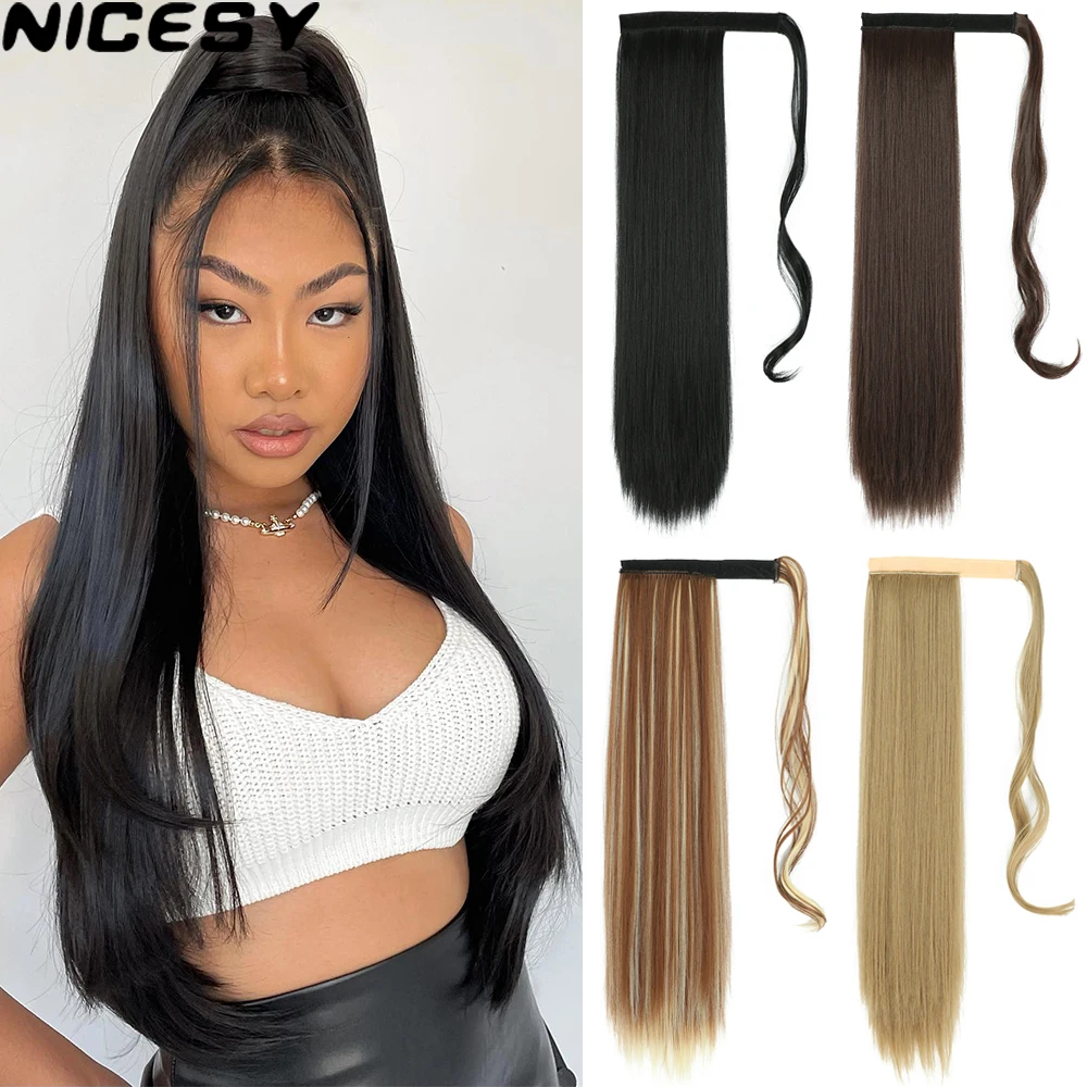 Synthetic Long Straight Ponytail Wrap Around Clip in Hair Extensions Natural Hairpiece Fiber Black Blonde Fake Pony Tail | Шиньоны и