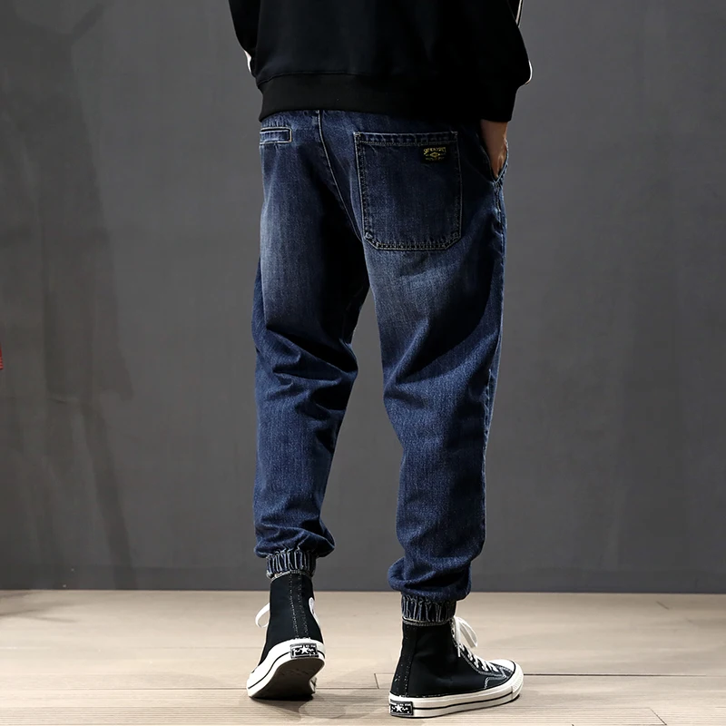 Японские модные мужские джинсы, ретро синие, свободные, сшитые, дизайнерские брюки карго, гарем, джинсы для мужчин, уличная одежда, джинсы для бега в стиле хип-хоп