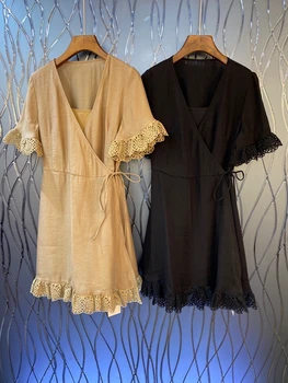 

2020 Spring and Summer New Women's V-neck Waist Side Knotted Decorative Water Soluble Bell Sleeve Solid Color Dress 629