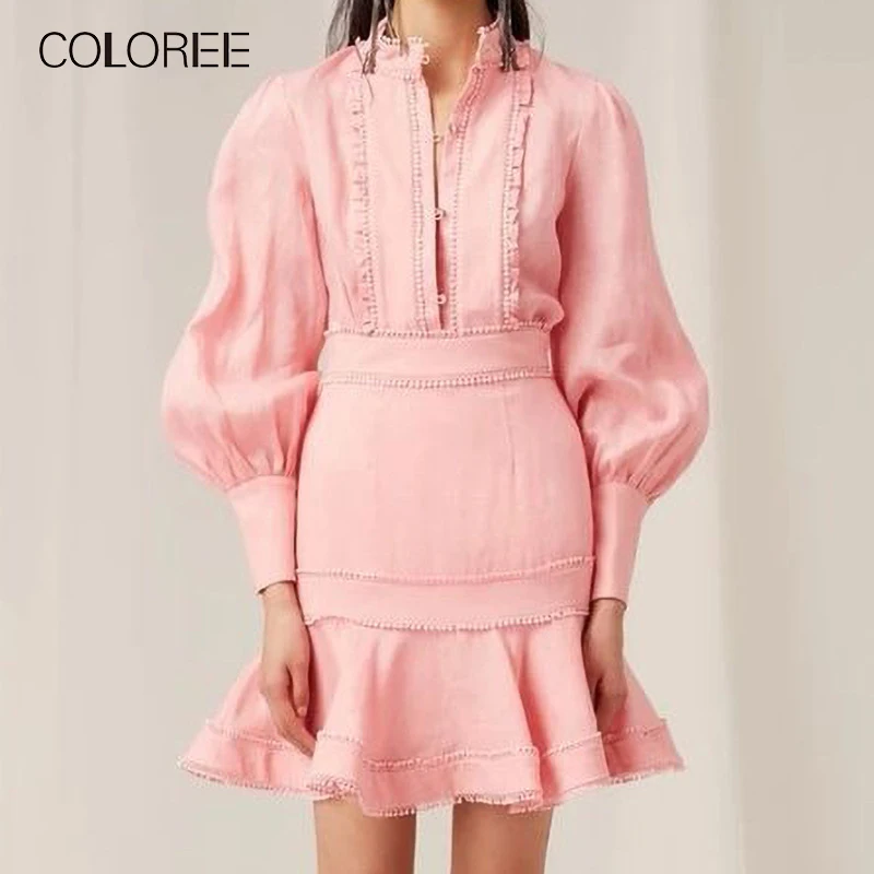 Coloree 2020 2 Stuks Set Stand Kraag Lange Mouw Kant Patchwork Enkele Breasted Blouse + Mermaid Rok Vrouwen Roze/ wit 2 Delige Set Coloree 2020 2 Stuks Set Stand Kraag Lange Mouw Kant Patchwork Enkele Breasted Blouse + Mermaid Rok Vrouwen Roze/ wit 2 Delige Set