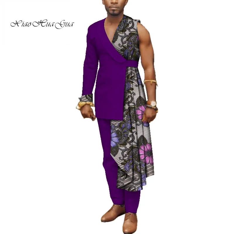 Bazin Riche лоскутный топ на одно плечо и брюки хлопок 2 шт брюки наборы специальный заказ Мужская африканская одежда WYN497 - Цвет: 2