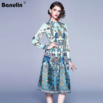 Vestido de primavera-otoño de fiesta de manga larga, traje de señora, de diseño de pasarela, pavo real, azul Floral, Midi, 2019