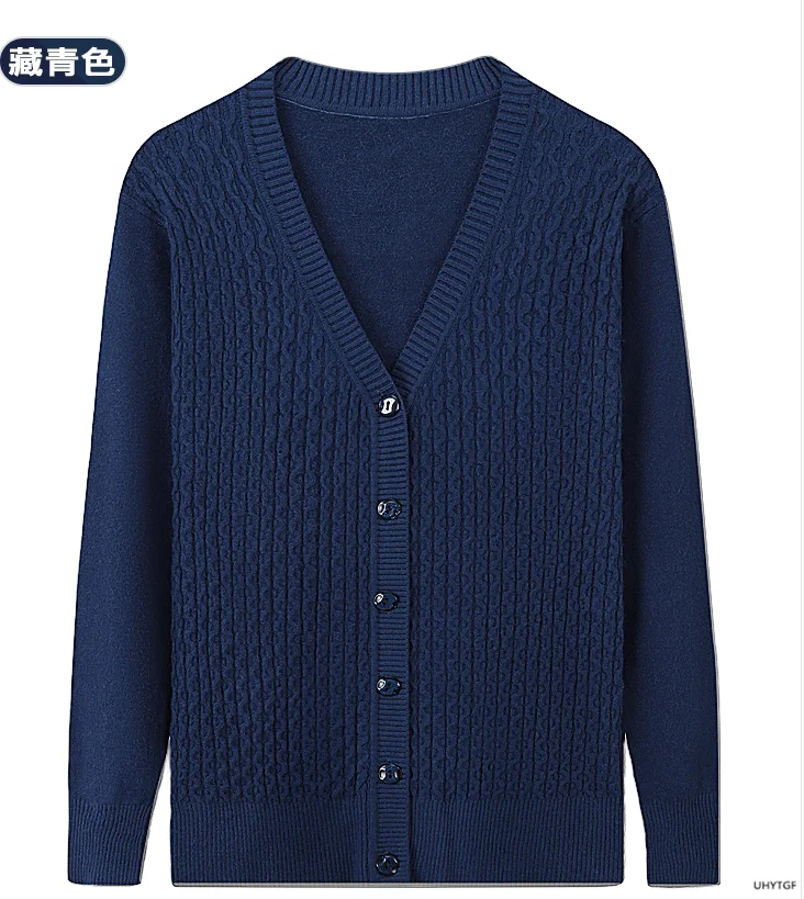 UHYTGF Elegant Mother Spring Autumn Sweater Jacket Single-Breasted Knitted Cardigan For Women Fashion V-Neck Loose Size Coat1447