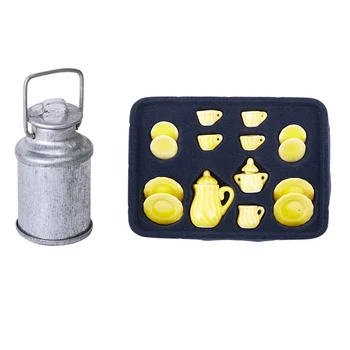 

LOT OF 15 Jinger Yellow Dollhouse Miniature Porcelain China Coffee Tea Pot Cups & 1/12 Dollhouse Miniature Milk Jug with Lid Bot