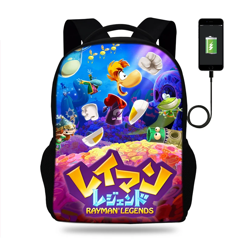 cheap 17inch Rayman legends adventures Backpack Mens USB PORT Backpacks For Teenager Boys Girls School Bags Laptop Daily Backpacks