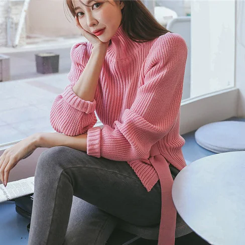pink Водолазка, пуловер, свитер, розовый, черный, белый цвет, короткая блуза, трикотажная, осень, корейский стиль, для женщин, Ropa Invierno Mujer, элегантная, тянется - Цвет: pink