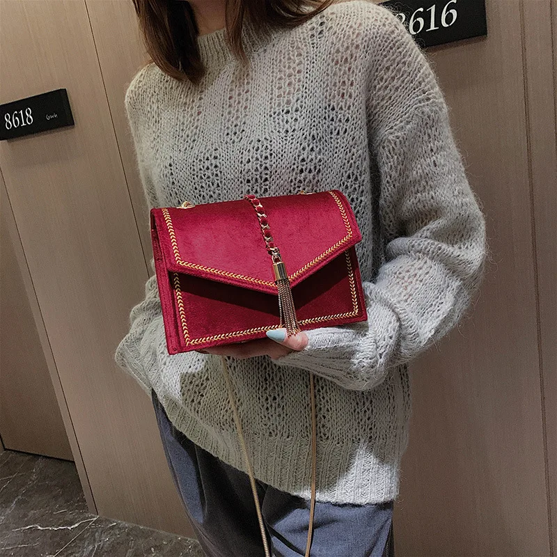 

2019 New Style Autumn Gold Velvet Stereo Square Sling Bag Tassels Wheat Shoulder WOMEN'S Bag