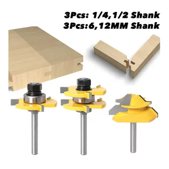

Krachtige 3Pcs 6/12MM Shank Tongue and Groove Router Bit Tool Set 45° Lock Miter Bit-1/4(1/2) Shank