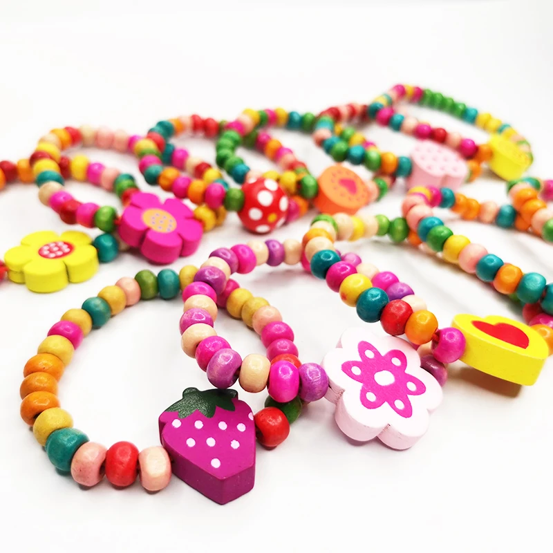 12Pcs Children Elastic Bracelet Kids Girl Colorful Wood Wristbands Birthday Gift 