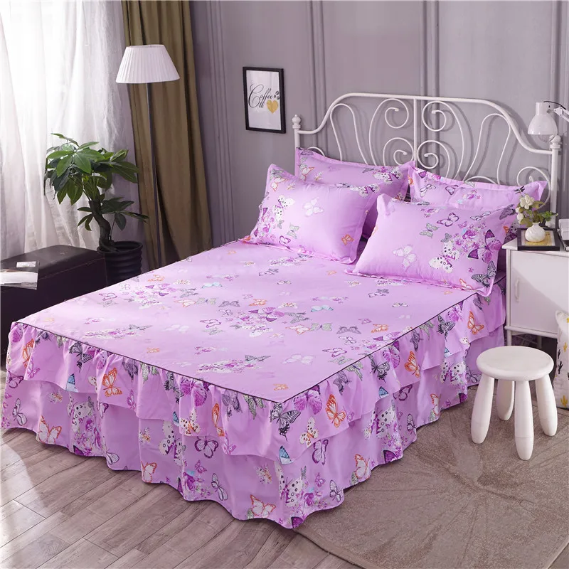 

1 set thick three-piece pillowcase wedding bed linen set soft non-slip king size bed skirt flower ruffle