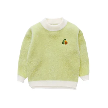 

New Avocado Green Sweater Imitation Mink Wool Clothes Autumn Winter Girls Clothing Cartoon Embroidery Fruit Cute Fashion Sweater