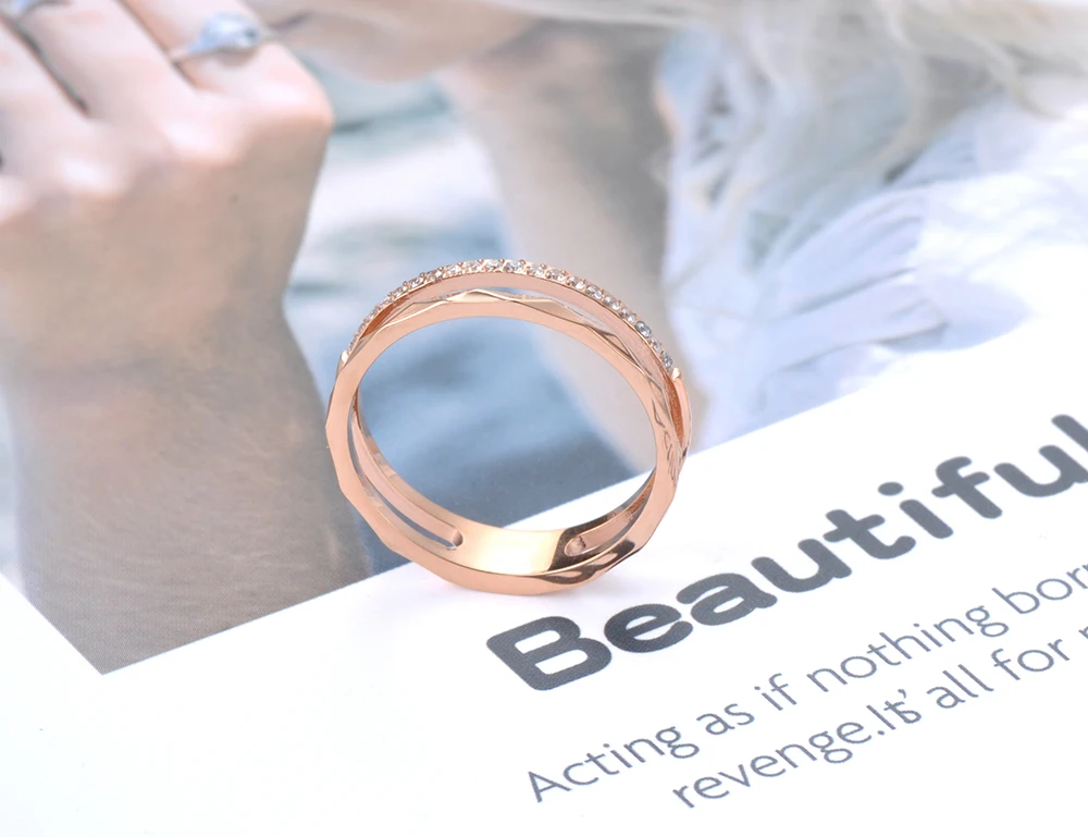 JeeMango Neo-Gothic Stainless Steel Cut Face Ring Trendy Mosaic CZ Crystal Rose Gold Wedding Rings Jewelry For Women JR19063