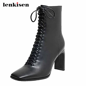 

Lenkisen high street fashion big size genuine leather superstar square toe thick high heel zipper elegant lady ankle boots L52