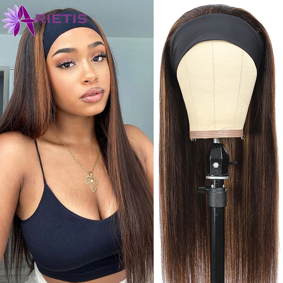 

28 30 32Inches Headband Wig Human Hair Highlight Ombre Brown Straight Brazilian No Glue Headband Human Hair Wigs For Black Women