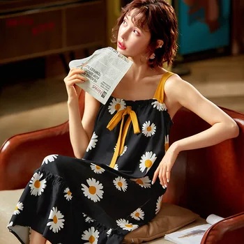 

Caiyier New 2020 Sexy Sling Summer Sleepwear Women Flower Loose Cotton Nightdress Fashion Sleeveless Casual Female Homewear