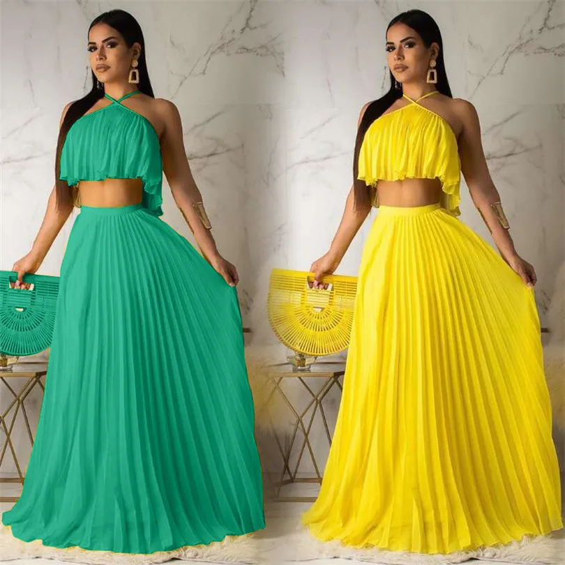 

New Slinged Pleated Open Back Navel Chiffon Shirt. Floor-length A-line Pleated Skirt Double-layer Fabric Fashion Skirt Two-piece