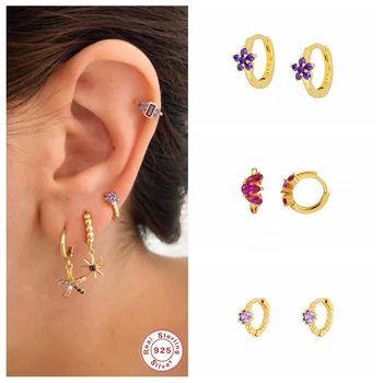 

925 Sterling Silver Earring Hoops Earrings for Woman Engagement CZ Korean Romantic Purple Bling Crystal Pendientes Oorbellen