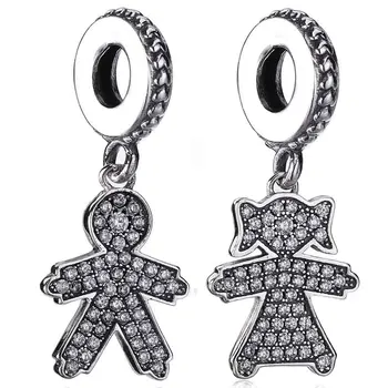 

New 925 Sterling Silver Bead Charm Sparkling Cute Girl & Boy With Crystal Pendant Beads Fit Bracelet Bangle Diy Jewelry