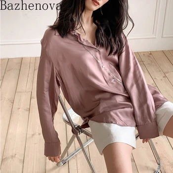 

Bazhenova Women Autumn Fresh And Sweet Shirts Girls Solid Color All-match Fall Blouse For Woman Turn-down Neck Button Shirt R701