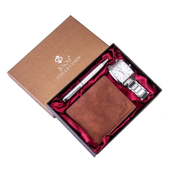 

Fashion Men's Watch Gift Set Steel Wristwatch Folding Leather Wallet Ballpoint pen Man Suit Gifts Christmas Valentine Fast Ship