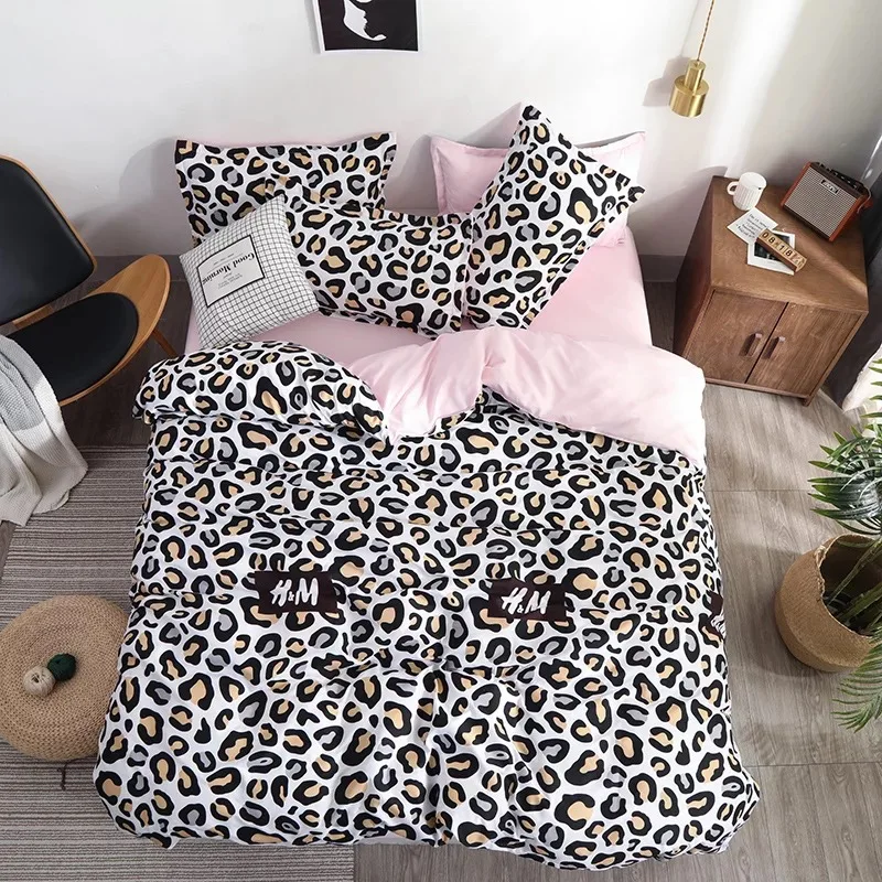 Leopard-print Gray Bedding Set Duvet Quilt Cover+Sheet+Pillow Case Four-Piece