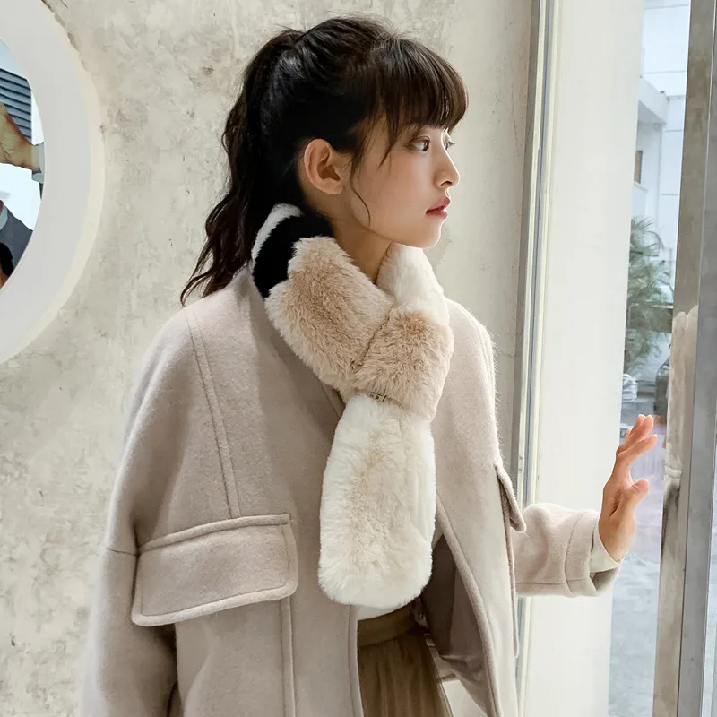 

80X12CM 2019NEW Korean Elegant Cross-imitation Rabbit hair Splicing Scarf for Women High Quality Soft Warm Winter ladies scarves