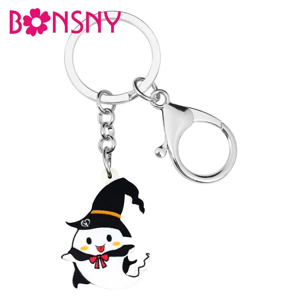 Bonsny акриловый Хэллоуин Аниме шляпа призрака ключи цепочки Ключи Кольца сумка
