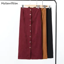 Осенне-зимняя Вельветовая Женская юбка с пуговицами, женская модная повседневная трапециевидная Женская длинная юбка макси со средней талией