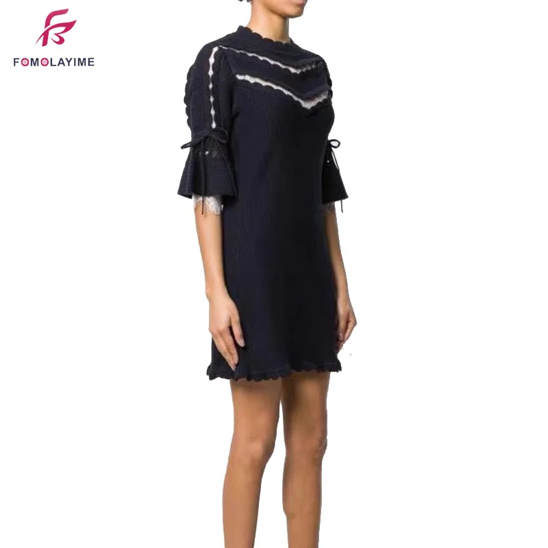 

2020 Spring Summer High-quality Women's Dress White Lace Perspective Turtleneck Sleeve Strap Sexy Mini Dress