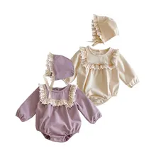 Barboteuse en dentelle pour bébés filles, avec chapeau, vêtements à manches longues, nouvelle collection printemps automne 2021