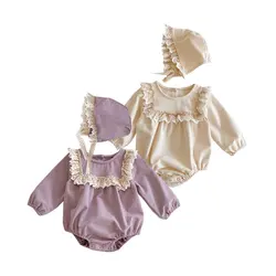 New 2021 Spring Autumn Infant Baby Girls Lace Rompers + Hat Clothing Kids Girl Long Sleeve Rompers Clothes