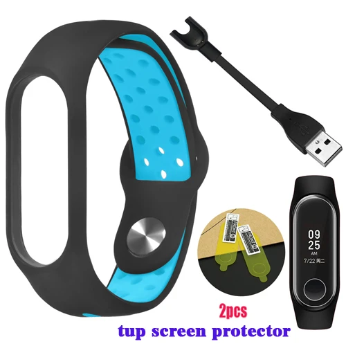 YHNUJM mi Band 3 ремешок на запястье+ usb-кабель для зарядки+ 2 шт Защитная пленка для экрана для Xiaomi mi Band 3 двойной разноцветный браслет - Color: blue