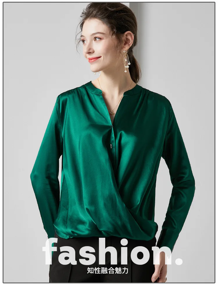 Женская блузка из чистого шелка с длинным рукавом, темно-зеленый ассиметричный Топ, высокое качество, женские топы серого цвета с v-образным вырезом, одежда za Top