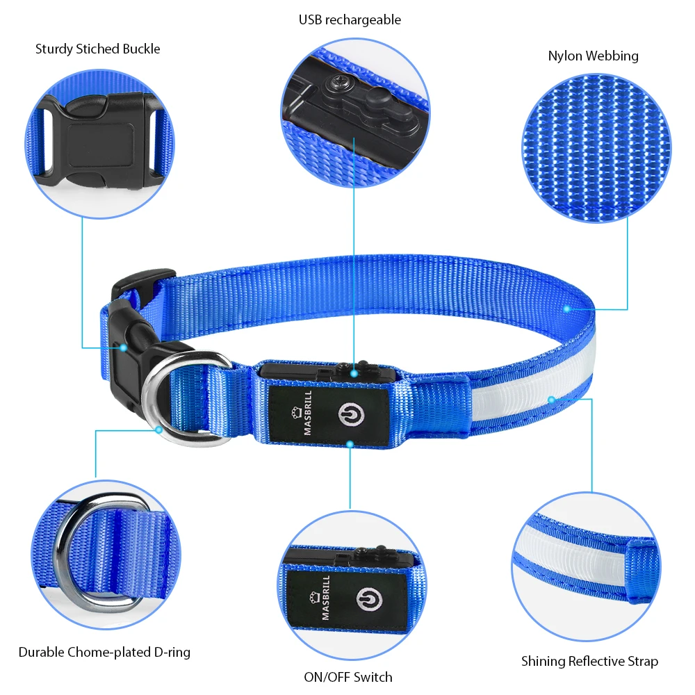 USB Charging Flashing Dog Collar Leads LED Light Night Safety Glow Anti-Lost/Avoid Car Accident Dog Nylon Adjustable Pet Collar