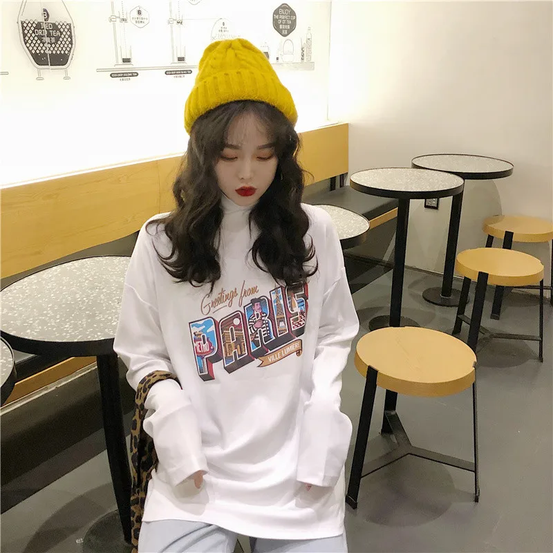 Весна Свободный дикий Harajuku стиль водолазка Мультфильм Алфавит облегающая блузка с длинным рукавом Футболка куртка для женщин