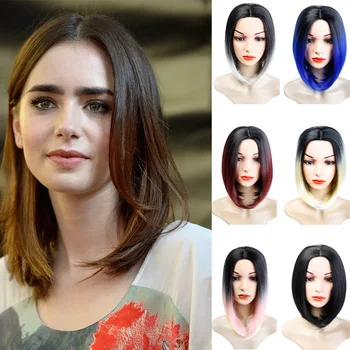 

DIANQI short bob wig 14 inch high temperature wire synthetic fiber ombre black Green Pink straight for women hair