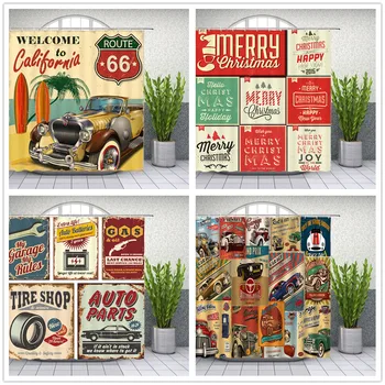 

Retro Car Route 66 Pattern Fabric Shower Curtains Car Beach Bathroom Decor Bath Waterproof Polyester Cloth Hanging Curtain Set