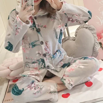 

2020 Autumn Winter Warm Flannel Women Pajamas Sets Thick Coral Velvet Long Sleeve Cartoon Sleepwear Flannel Pyjamas Set for Girl