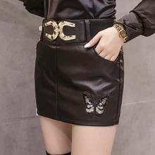 Новинка, Корейская мини-юбка с поясом и вышивкой бисером, Женская осенне-зимняя модная сексуальная кожаная юбка из искусственной кожи, Jupe Femme B9N324