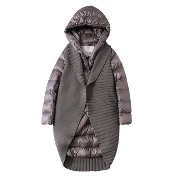 

New Fashion Cashmere Knit Stitching Hooded Warm Down Jackets Female Winter Long Irregular Duck Down Jackets F529 Dropshiping