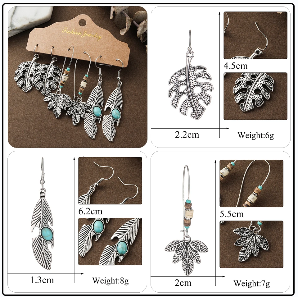 41 Style Silver Rose Gold Color Earrings Ethnic Bohemia Vintage Mixed Styles Long Leaf Big Round Circle Shell Shape Wooden Stones Beads Geometric Bronze Met (11)